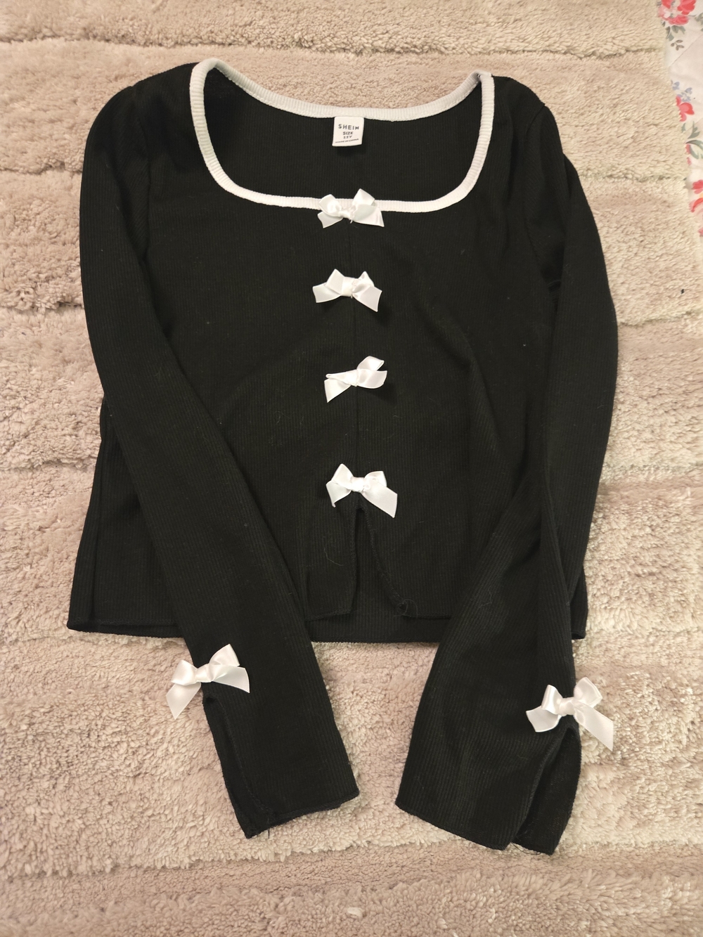 Shein Black Long-Sleeve Sweater Top with White Bow Trim